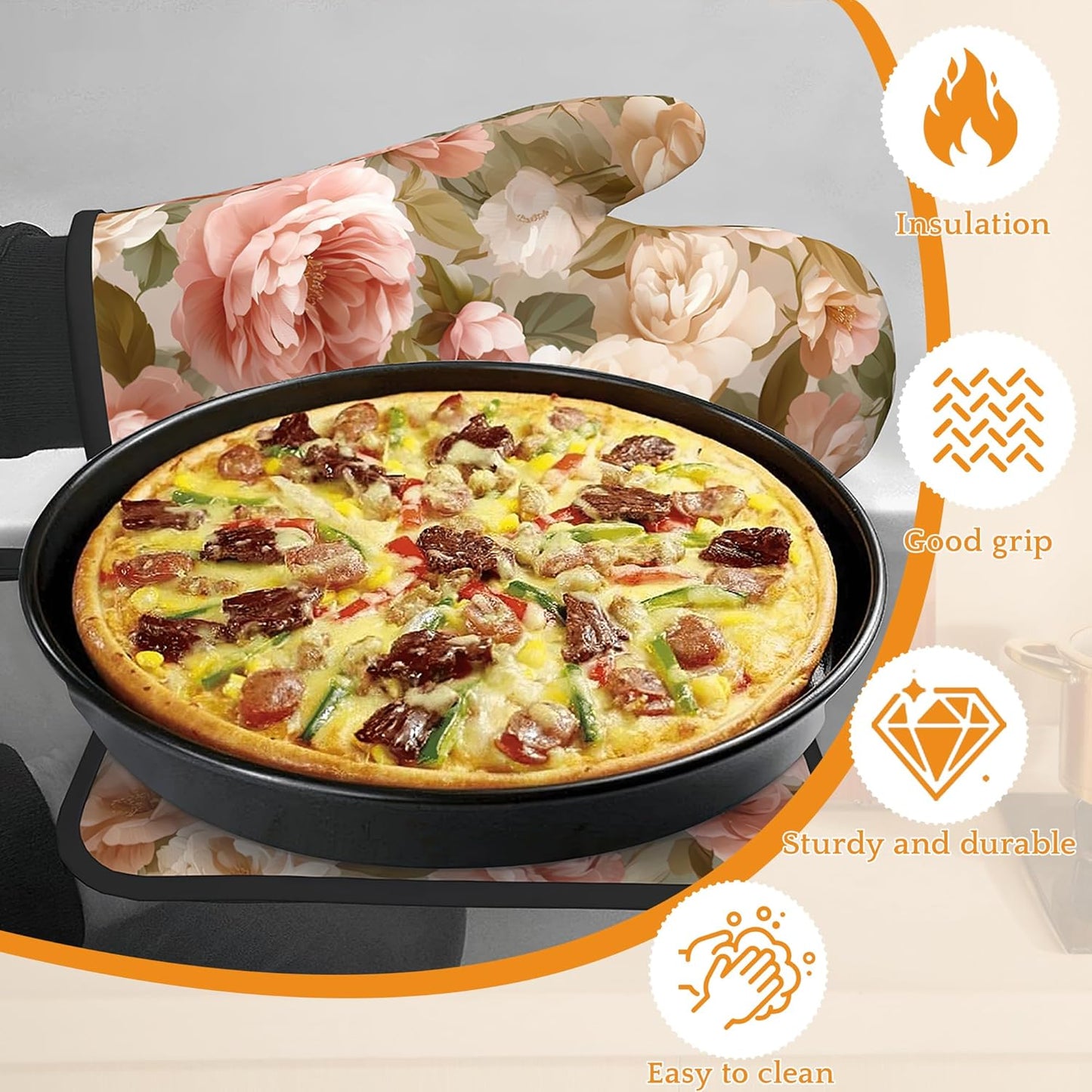 Pink Roses Oven Mitts and Pot Holders Set,Peony Flower Kitchen Oven Gloves and Pot Holder with Heat Resistant Non Slip for Cooking Baking Grilling(4 Piece Set)