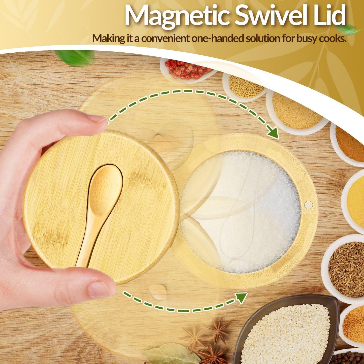 Flexzion Bamboo Salt Cellar with Lid and Spoon - Salt and Pepper Containers for Paprika, Herbs, Spice, Sugar - Bamboo Pepper Jar Storage Box Holder w/Magnetic Swivel Lid for Kitchen, 6 oz (Set of 2)