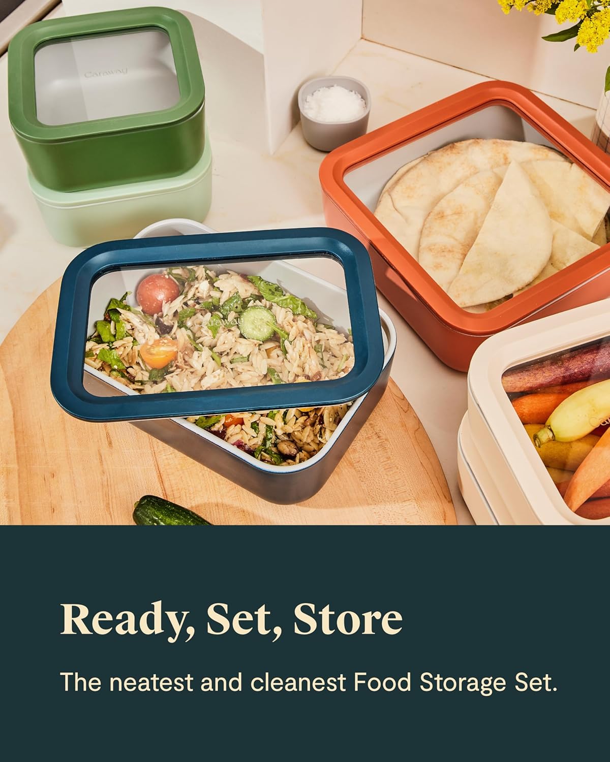 Caraway 14pc Glass Food Storage Container Set - Easy to Store, Non Toxic Lunch Box - with Glass Lids - Includes Storage Organizer & Dot & Dash Inserts - Sage