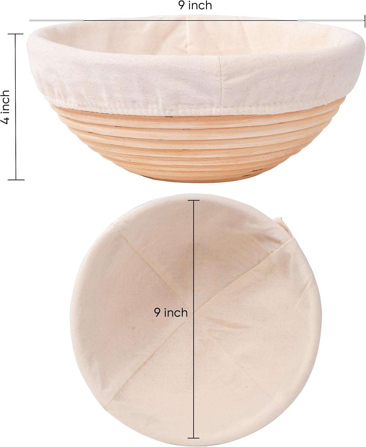 Banneton Bread Proofing Basket Set of 2 (9 Inch, Unbleached Rattan) – Round Dough Proofing Bowls with Cloth Liners for Artisan Sourdough Bread