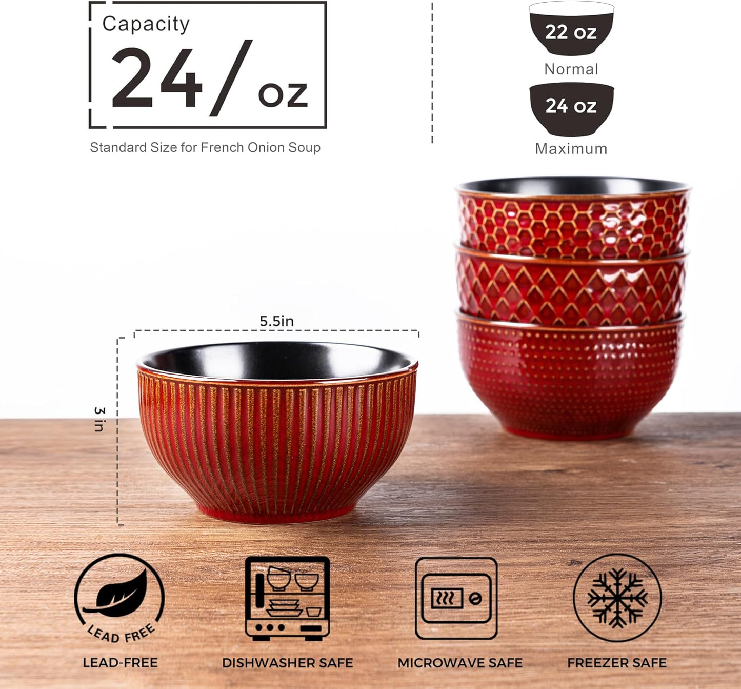 GBHOME Stoneware Cereal Bowls Set of 4, 24 oz Ceramic Soup Bowls with Texture Patterns for Soup,Oatmeal,Snack Perfect for Wedding, House-warming Gift -Rythmic Red