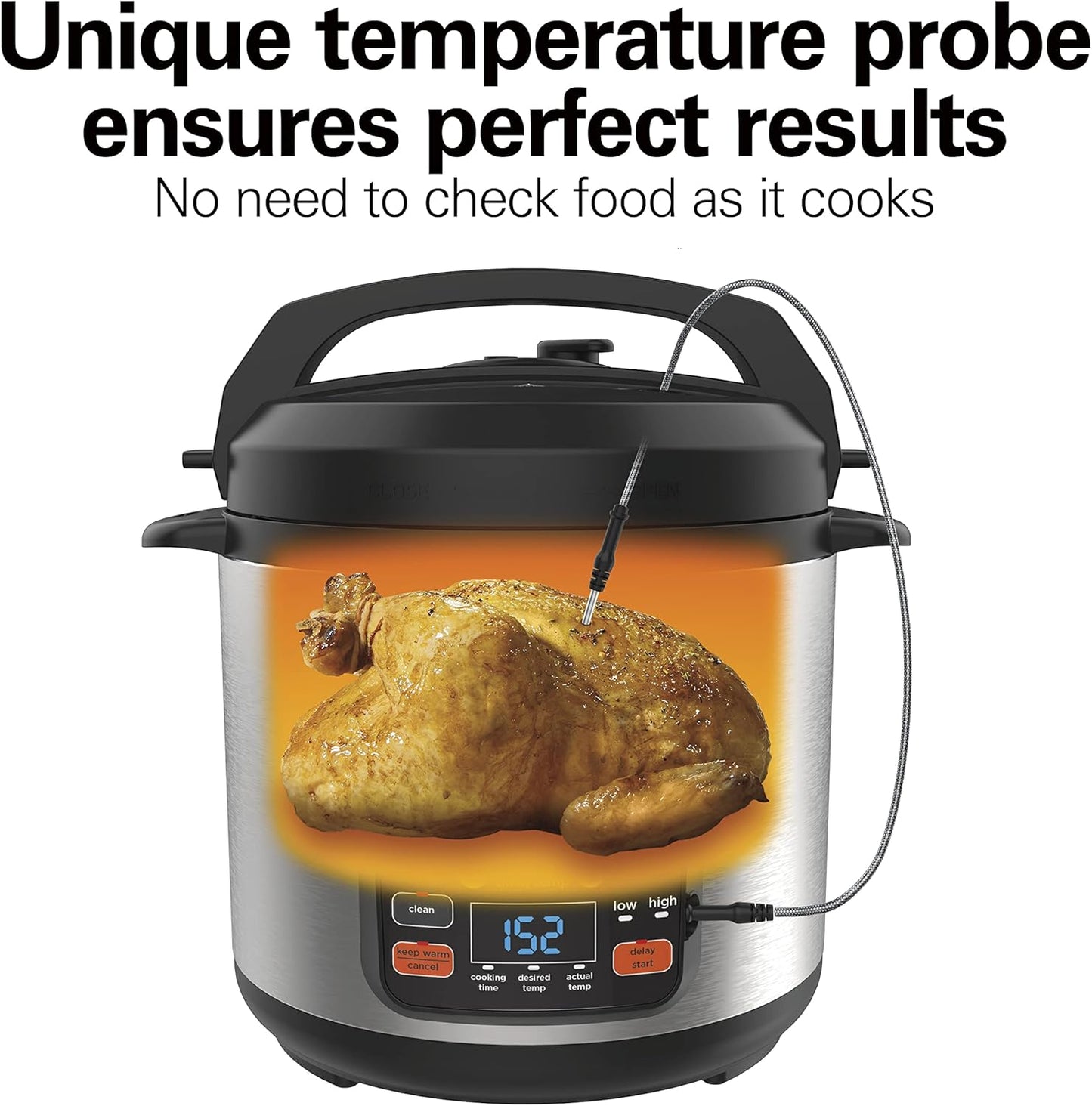 Hamilton Beach 6-in-1 Electric Pressure Cooker with Temperature Probe, Slow Cooks, Sautés, Browns, Steams, Rice Function, Egg and More, 6 Quart Capacity, Stainless Steel (34506)