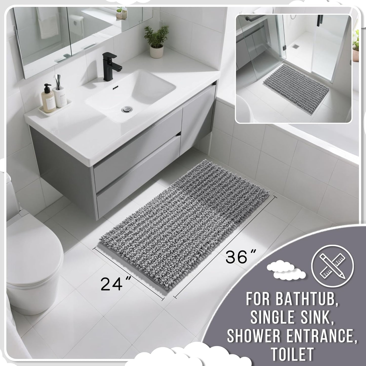 Yimobra Large Bathroom Rugs Non Slip Washable 36x24 Inch - Ultra Soft Absorbent Chenille Bath Mat, Quick Dry Shaggy Floor Carpet for Tub Shower, Gray Home Decor Accessories