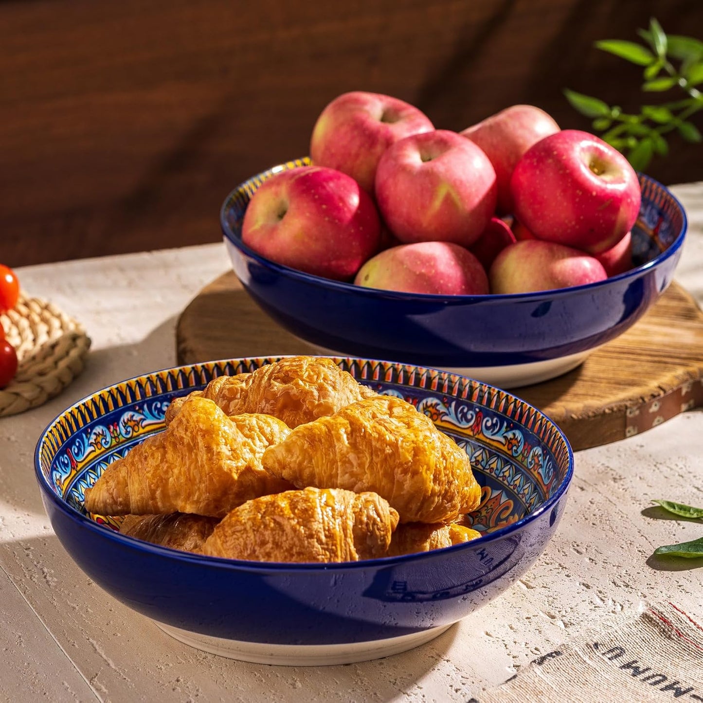 Large Serving Bowls Set of 2, Bohemian Style 10" Large Ceramic Bowls for Entertaining and Party, Bowls for Pasta Soup Fruit Ramen Cereal, Dishwasher Oven Safe