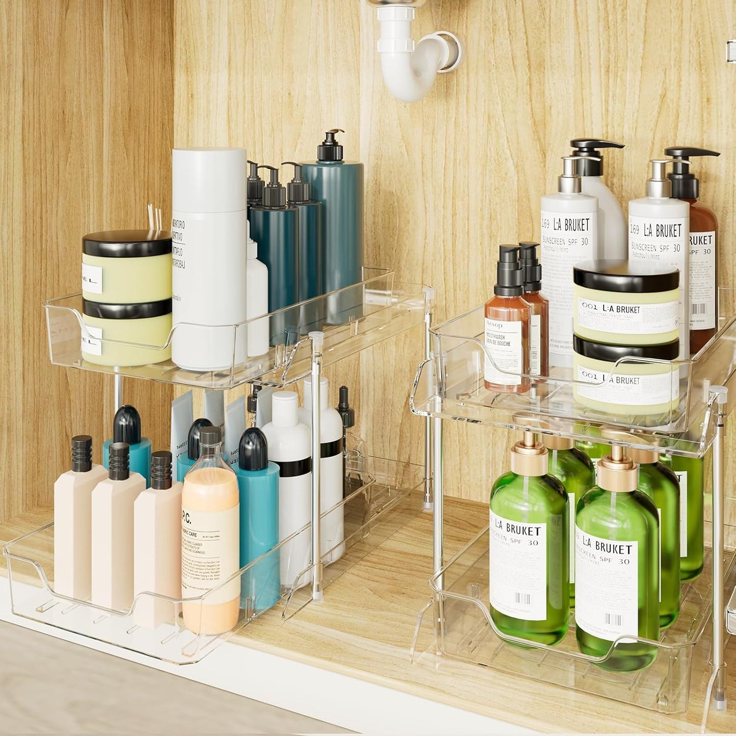 JLKDQ 4 Pack Bathroom Under Sink Organizers and Storage, 2-Tier Pull Out Medicine Cabinet Organizing- Kitchen, Pantry, Medicine Storage Bins, Vanity Makeup.(Clear,10.63" L x 8.0" W x 8.46" H).