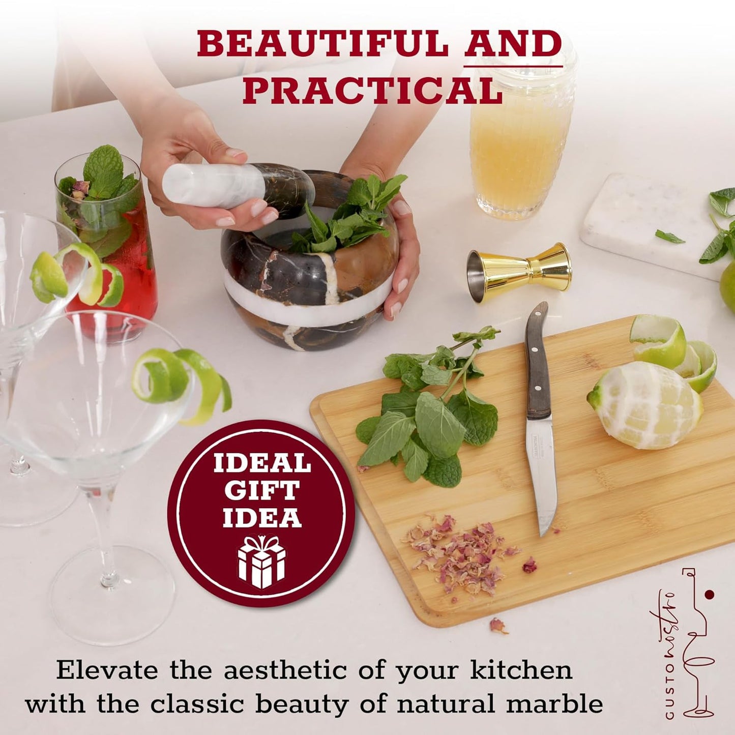 Gusto Nostro Natural Marble Mortar and Pestle Set | 6 Inch - 3.5 Cup Extra Large Mortar Pestle Set for Grinding Herbs, Nuts, Grains | Pesto Grinding and Guacamole Stone Bowl | Marble Spice Crusher