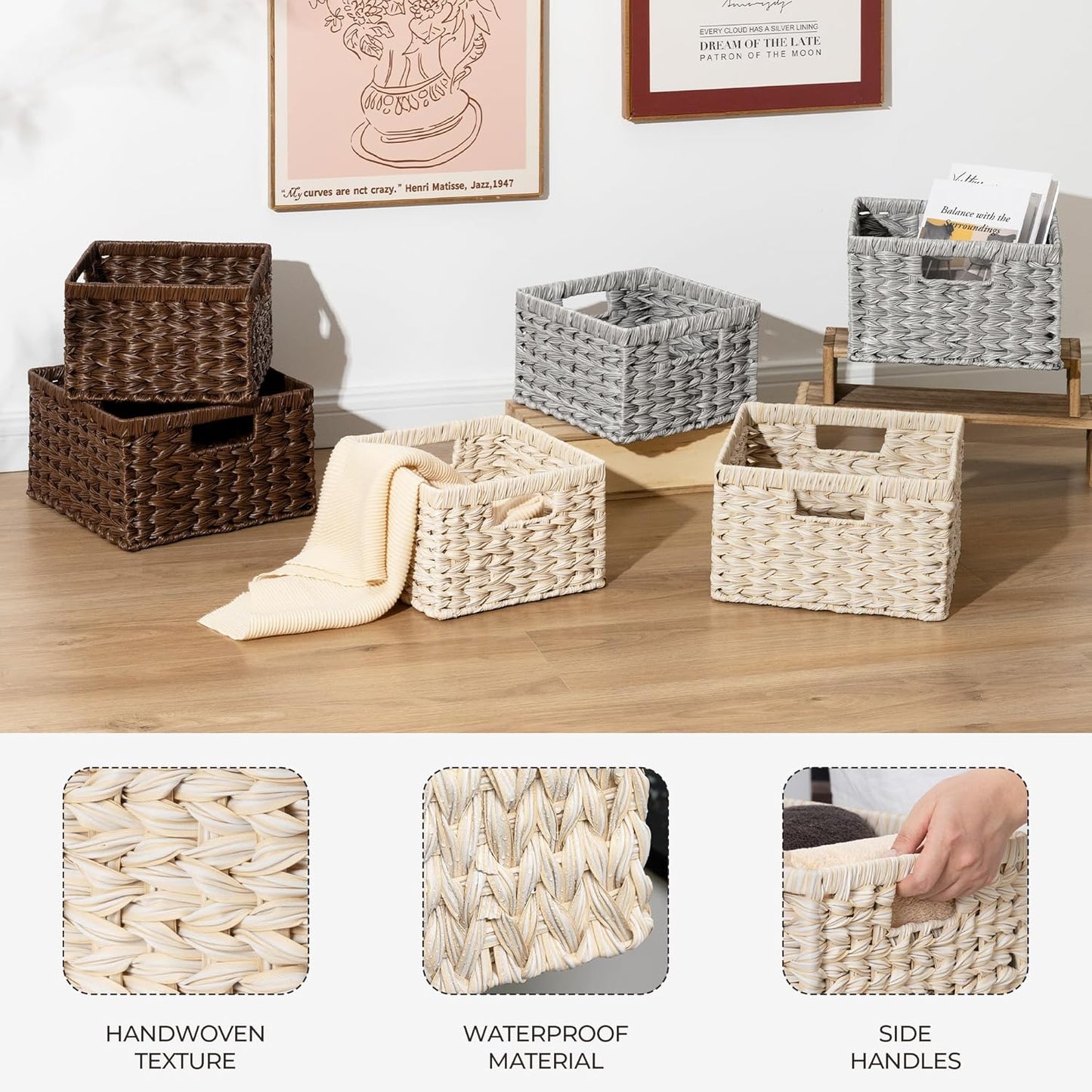 GRANNY SAYS Wicker Baskets for Organizing, Storage Basket for Shelves, Square Shelf Baskets with Handles, Waterproof Woven Basket for Living Room, Baskets for Entryway, Butter Milk