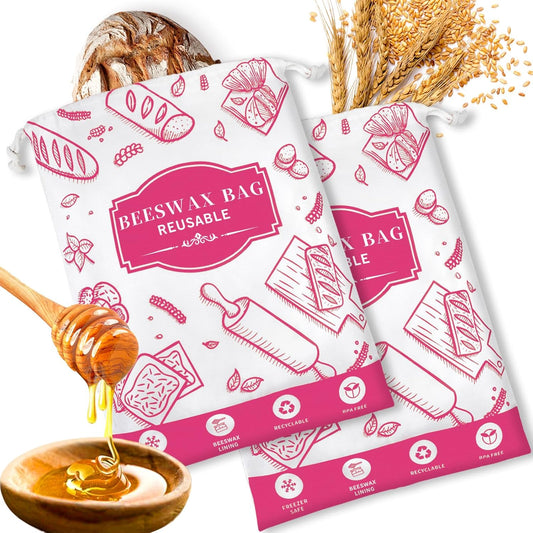 2-Pack Beeswax Bread Bags for Homemade Bread, Rose Pink Reusable Sourdough Storage Bags with Premium Beeswax Coating for Loafs Baguette Fresh Keeping,Great Homesteading Essentials and Baking Gifts.