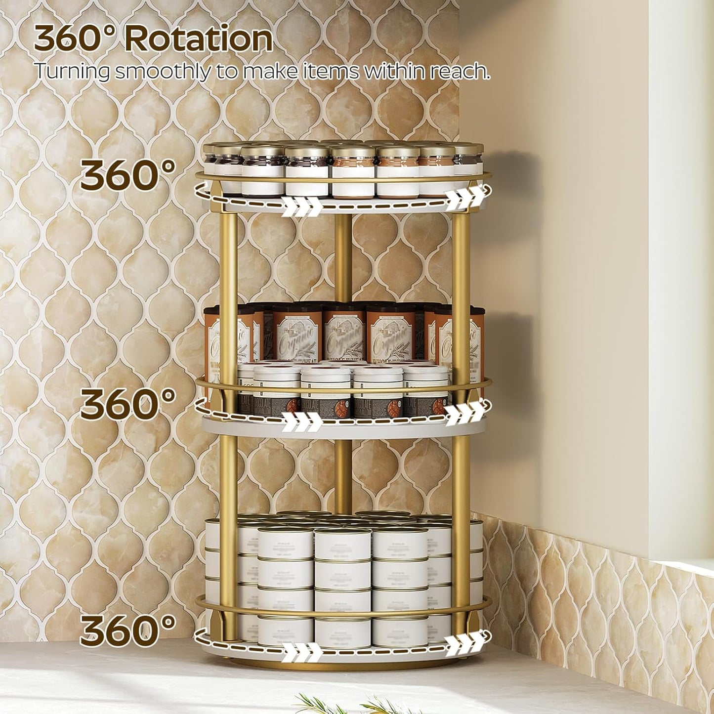 3-Tier Lazy Susan, Rotating Spice Rack, Spinning Organizer, Industrial Turntable Spice Rack for Cabinet, Kitchen Countertop, Pantry, White and Gold SR23DW