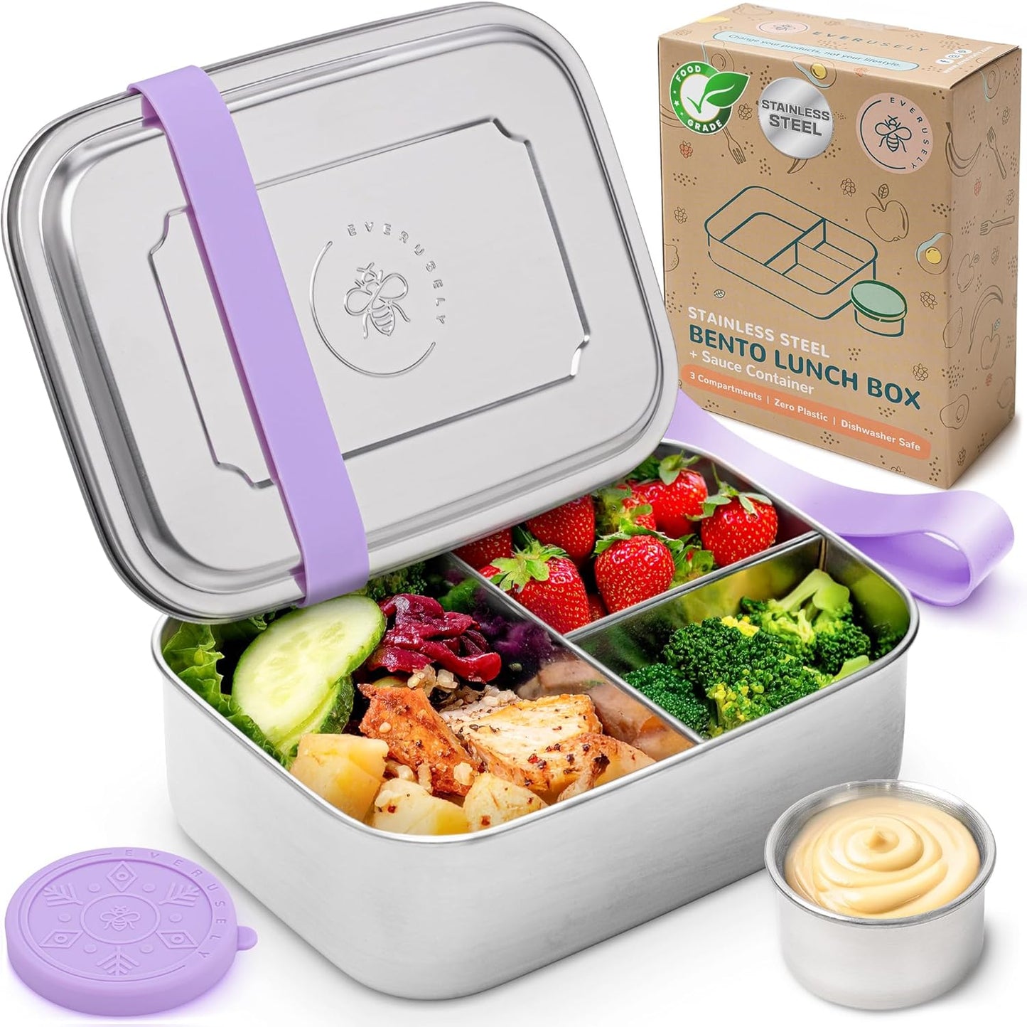 Everusely - Bento Box - Lavender, 37oz / 1.1 L - Stainless Steel Lunch Box with Leakproof Condiment Container - 3 Compartment Snack Organizer for On the Go Meals - Freezer & Dishwasher Safe