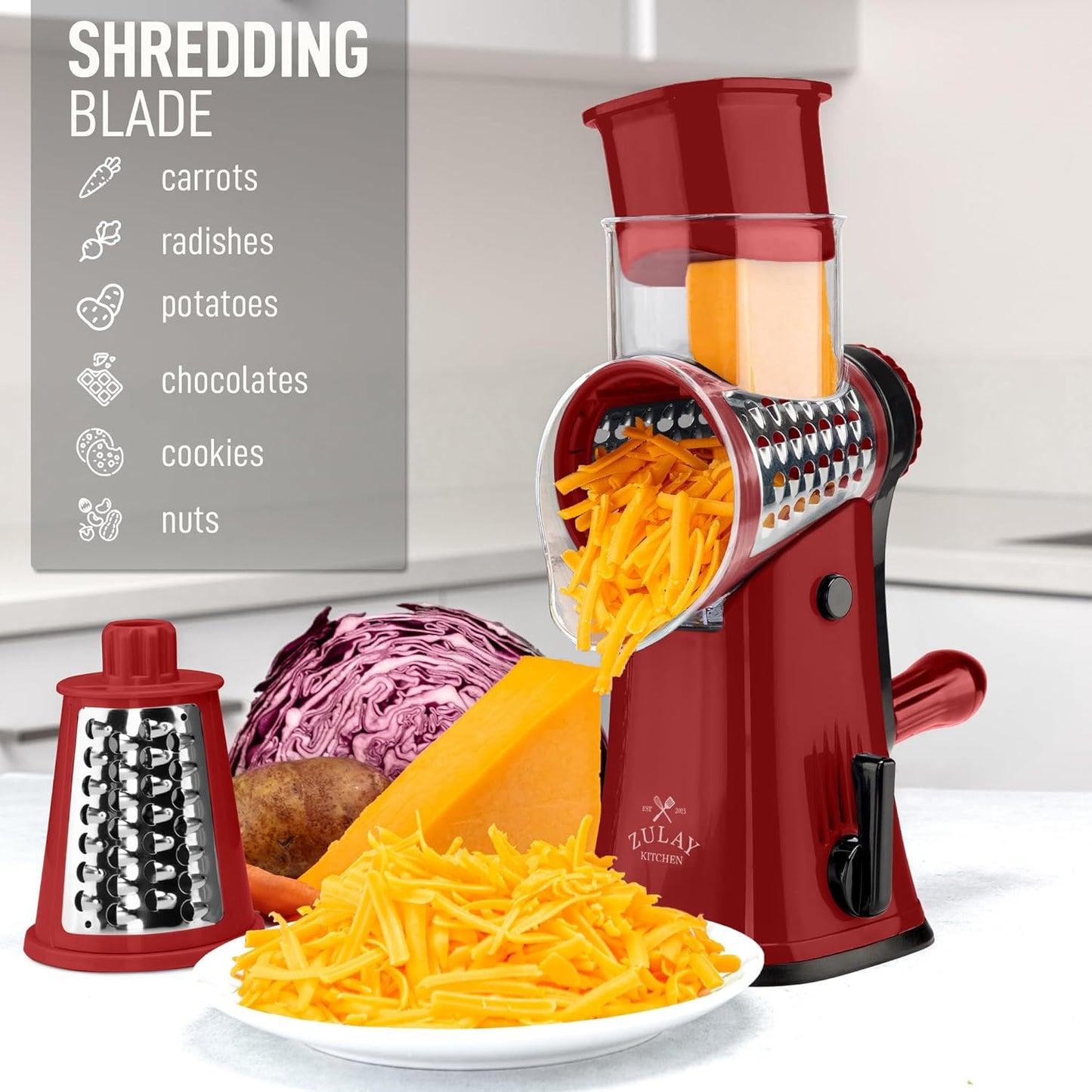 Zulay Kitchen Rotary Cheese Grater 5 Blade Cheese Shredder - Manual Hand Crank Cheese Grater With Reinforced Suction & 5 Interchangeable Drums - Easy to Use, Vegetable Chopper Round Mandoline Slicer