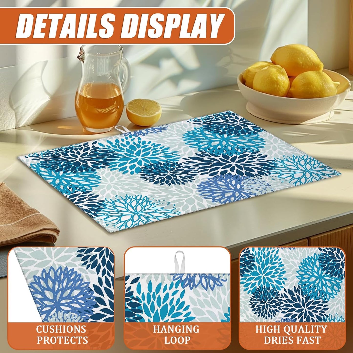 Blue Floral Dish Drying Mat for Kitchen Counter Microfiber Absorbent Dish Kitchen Drying Mat Draining Reusable Washable for Dishes/Utensils/Counterto