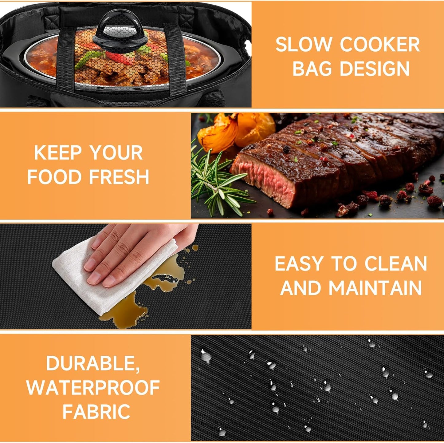 Double-Layer Slow Cooker Travel Bag Compatible with 6, 7, 8 Quart Crock-Pot, Insulated Travel Carrier with Easy to Clean Lining, Black