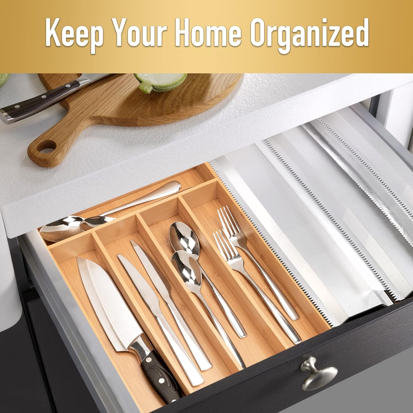 Silverware Organizer Kitchen Drawer Organizer Utensil Organizer Bamboo Silverware Holder Cutlery Organizer in Drawer Flatware Organizer Tray(5 slots, Natural