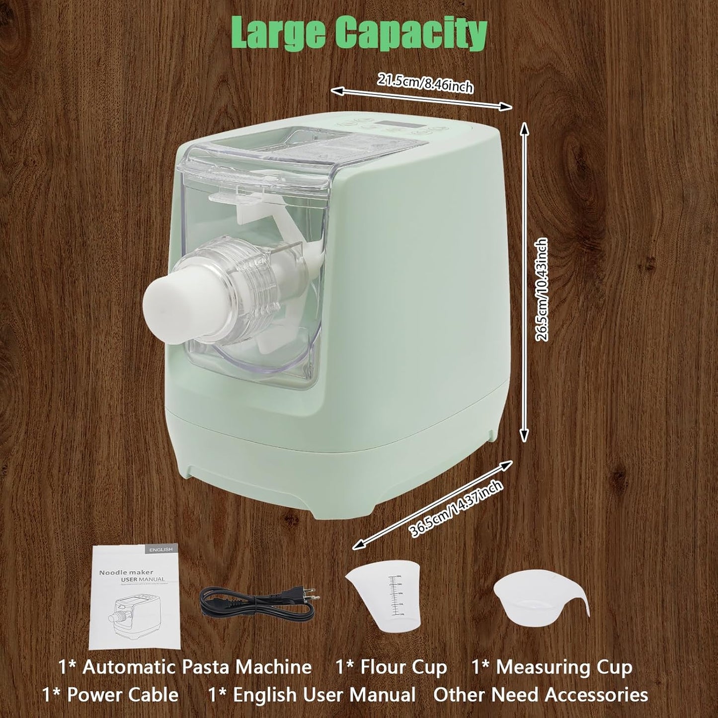 260w Automatic Pasta Machine, Electric Pasta Noodle Machine, 12 Noodle Shapes Pasta Machine With Measuring Cup,Capacity 0.6kg/ 1.32lbs,Can Make Long Noodles, Spaghetti, Macaroni (Green)