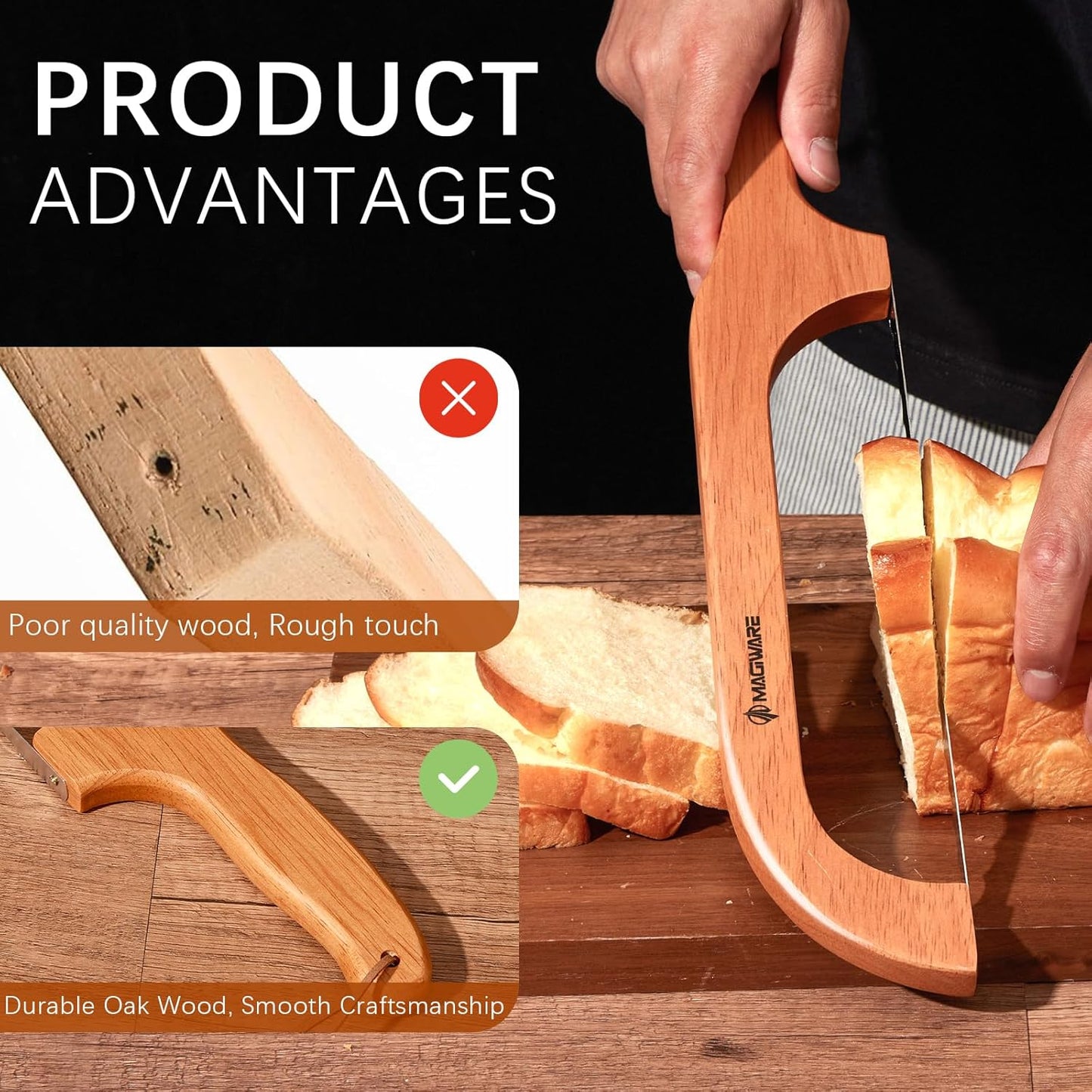 Sourdough Bread Knife, Sharp Bread Slicer for Homemade Bread, Wooden Bread Bow Knife Bread Cutter for Slicing (Natural Oak)