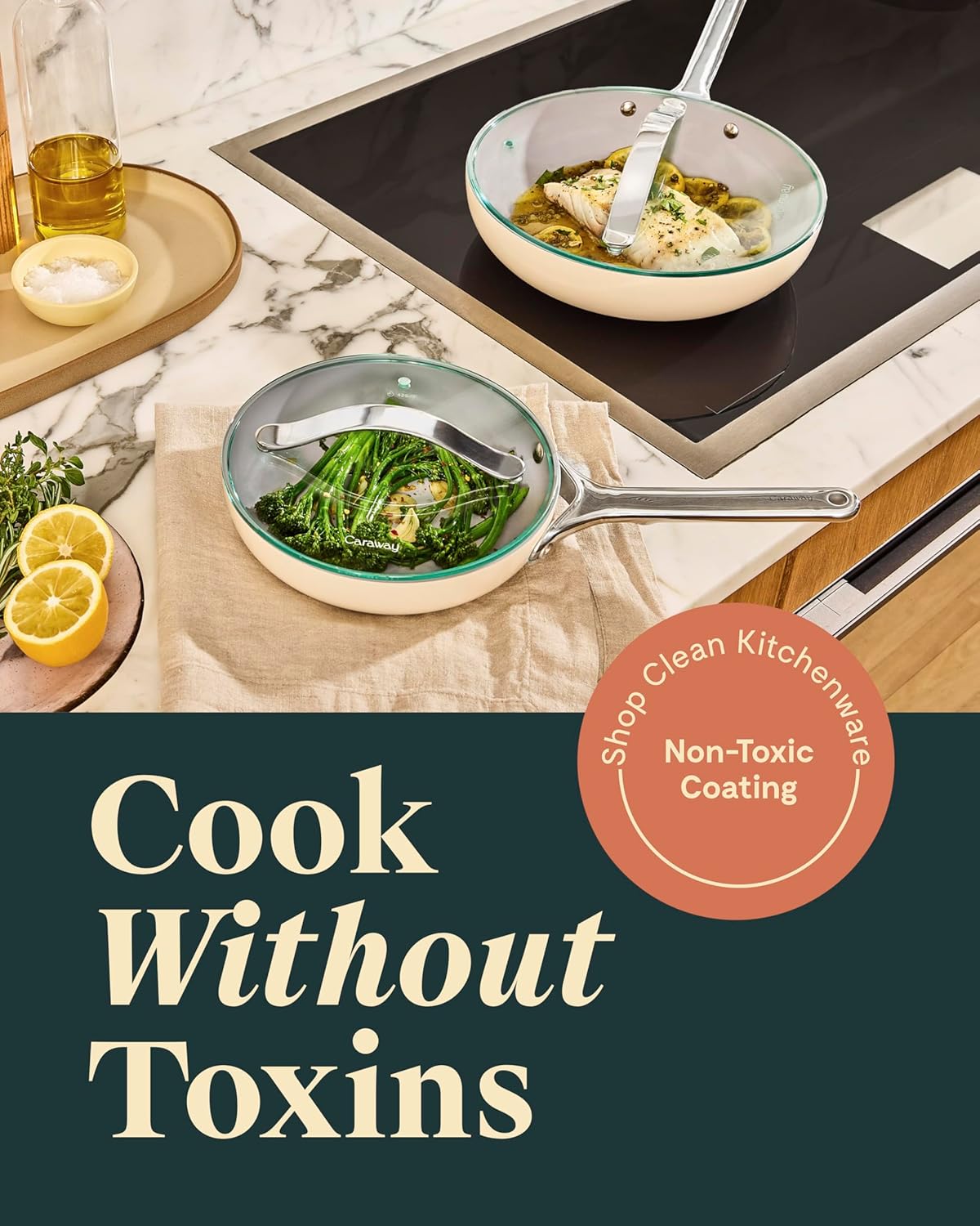 Caraway Ceramic Nonstick Fry Pan Set with Glass Lids – Includes Two 10.5” Fry Pans, One 8” Fry Pan, & Three Lids - Non Toxic, PTFE & PFOA Free - Oven Safe & Compatible with All Stovetops - Sage