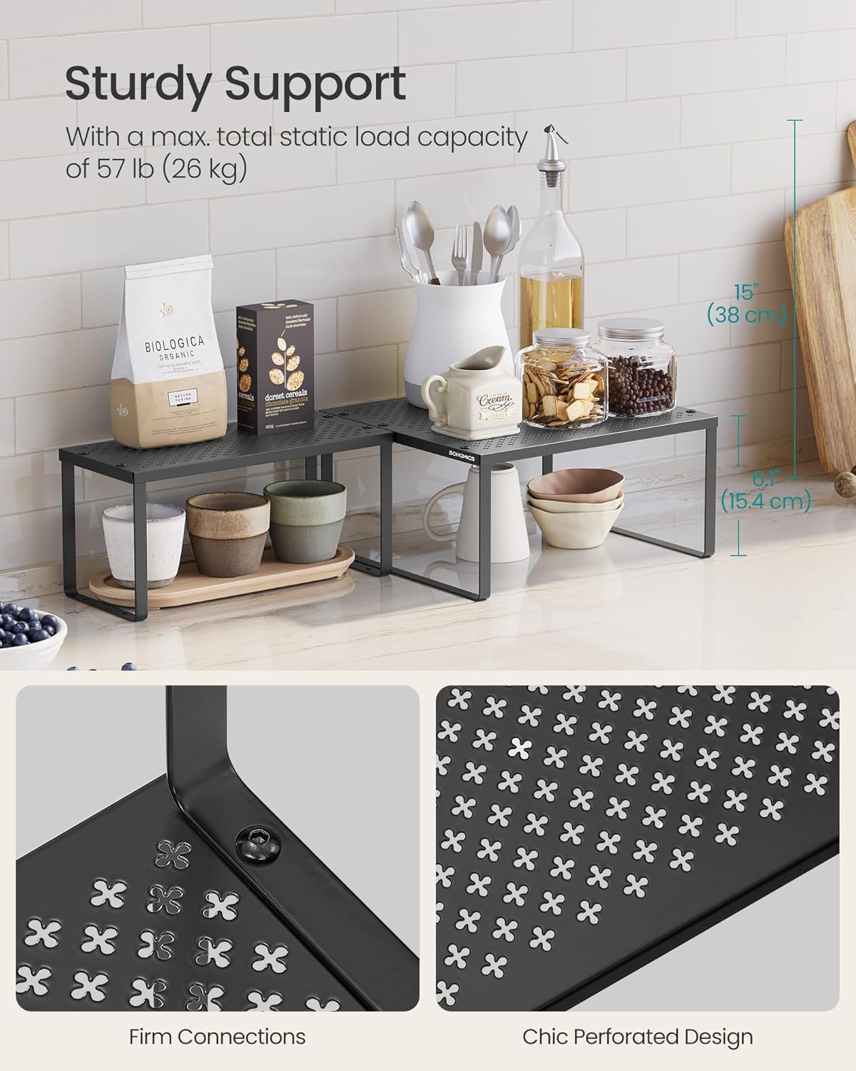 SONGMICS Spice Racks, Set of 2 Metal Cabinet Shelf Organizers, Countertop Organizers, Shelf Risers, Stackable, Expandable, Ink Black UKCS005B01