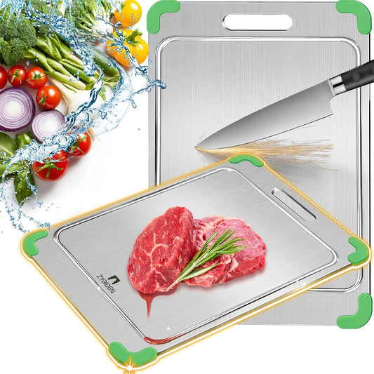 100% Pure Titanium Cutting Board with Grooves, Update Double Side Titanium Chopping Board, Silicone Anti-slip Stainless Cutting Boards for Kitchen 10 * 14 IN, Green