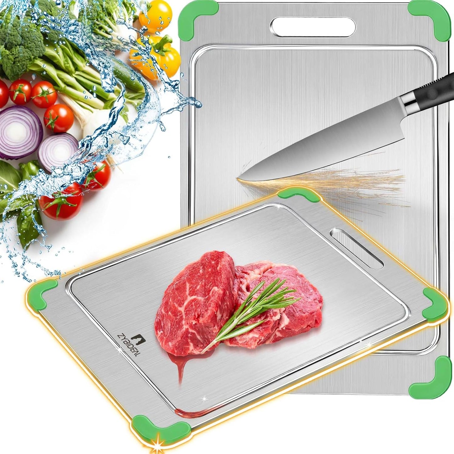100% Pure Titanium Cutting Board with Grooves, Update Double Side Titanium Chopping Board, Silicone Anti-slip Stainless Cutting Boards for Kitchen 9 * 13 IN, Green