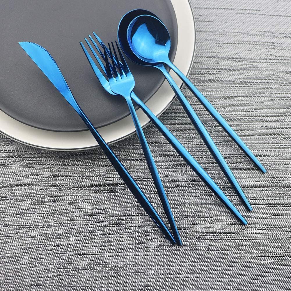 JASHII Shiny Blue Silverware Set, 20-Piece Stainless Steel Satin Finish Flatware, Kitchen Utensils, Mirror Polished Tableware Cutlery for Home and Restaurant, Dishwasher Safe