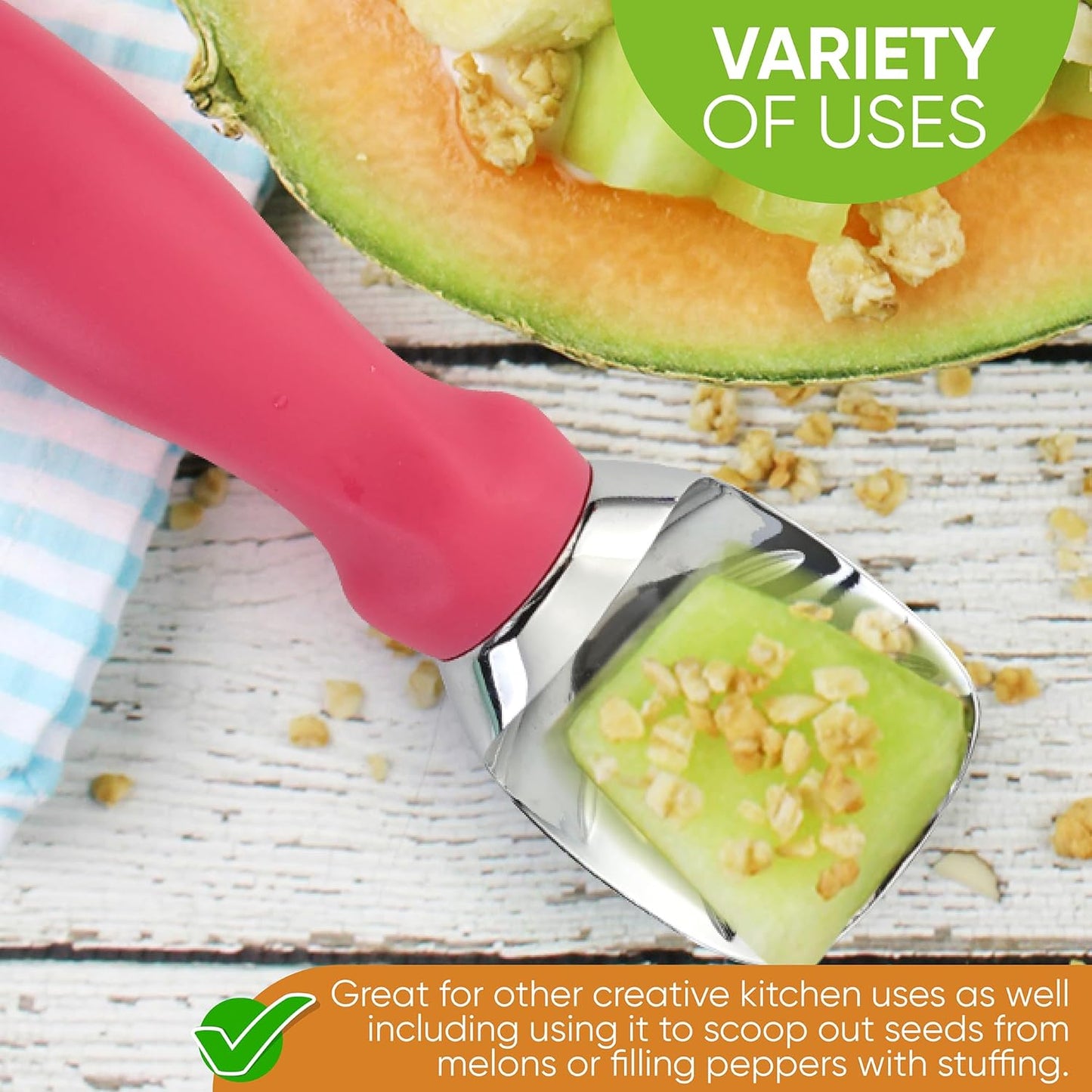 Spring Chef Pink Heavy Duty Ice Cream Scoop with Soft Grip Handle, Professional Ice Cream Scooper, Metal Icecream Spoon for Cookie Dough, Frozen Yogurt, Gelato, Melon - Dishwasher Safe Kitchen Tool