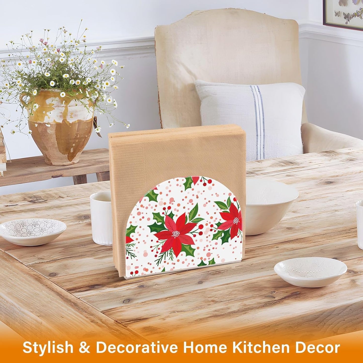 Christmas with Poinsettia Napkin Holder for Table Paper Napkins Holder Acrylic Tissue Dispenser Kitchen Dining Room Bathroom Party Car Decor