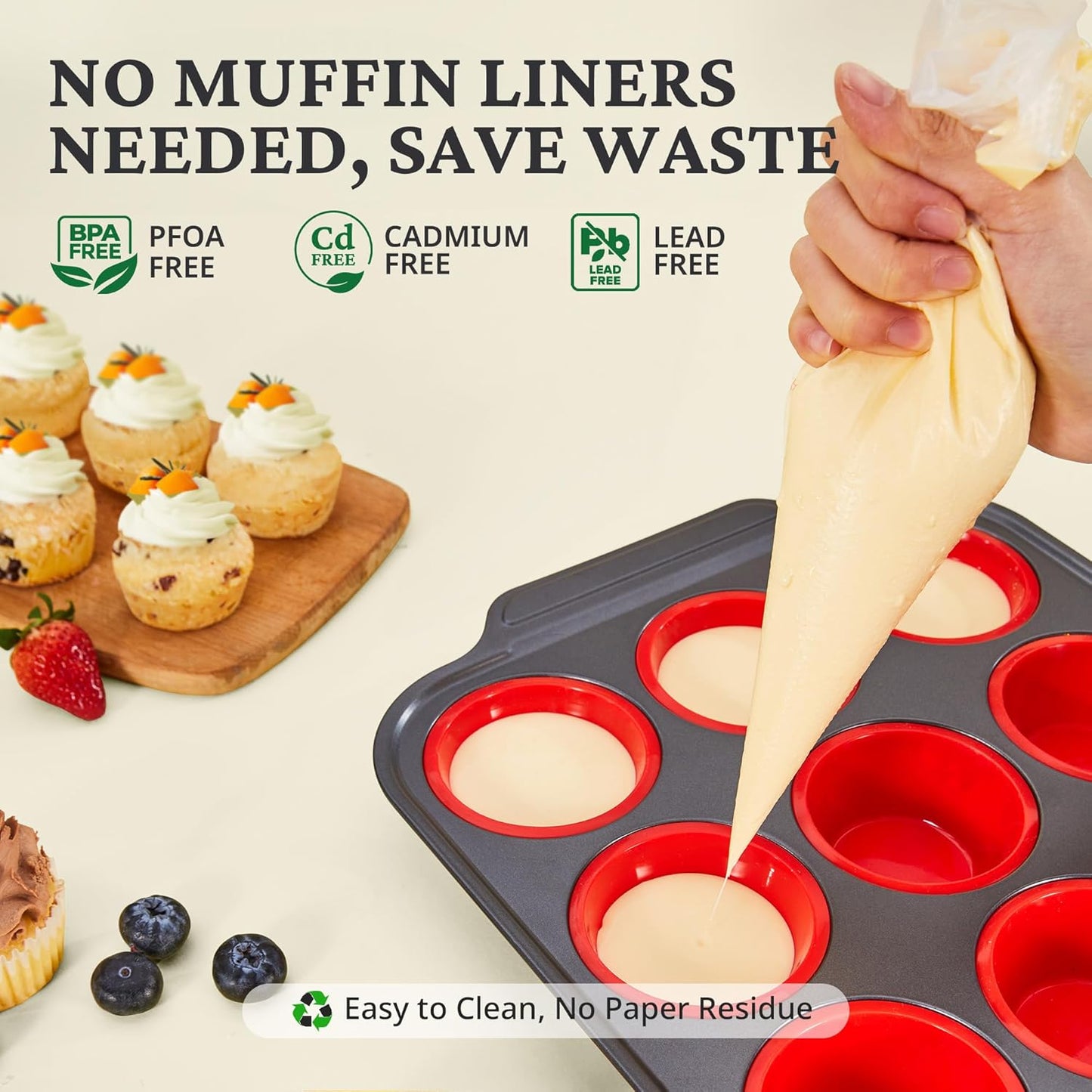 Silicone Muffin Pans for Baking with Metal Frame, Egg Bite Molds, Cupcake Pans 12 Regular Size, Muffin Tins Easy to Pop Nonstick Non Toxic Bakeware for Oven, Red