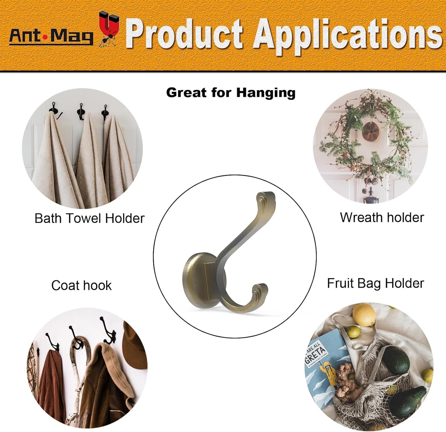 Ant Mag Magnetic Hooks Heavy Duty 141lbs Neodymium Magnet Metal Wall Hooks for Hanging Coats Robes Backpacks Bags Hats Keys Mugs Cups Towels Bronze