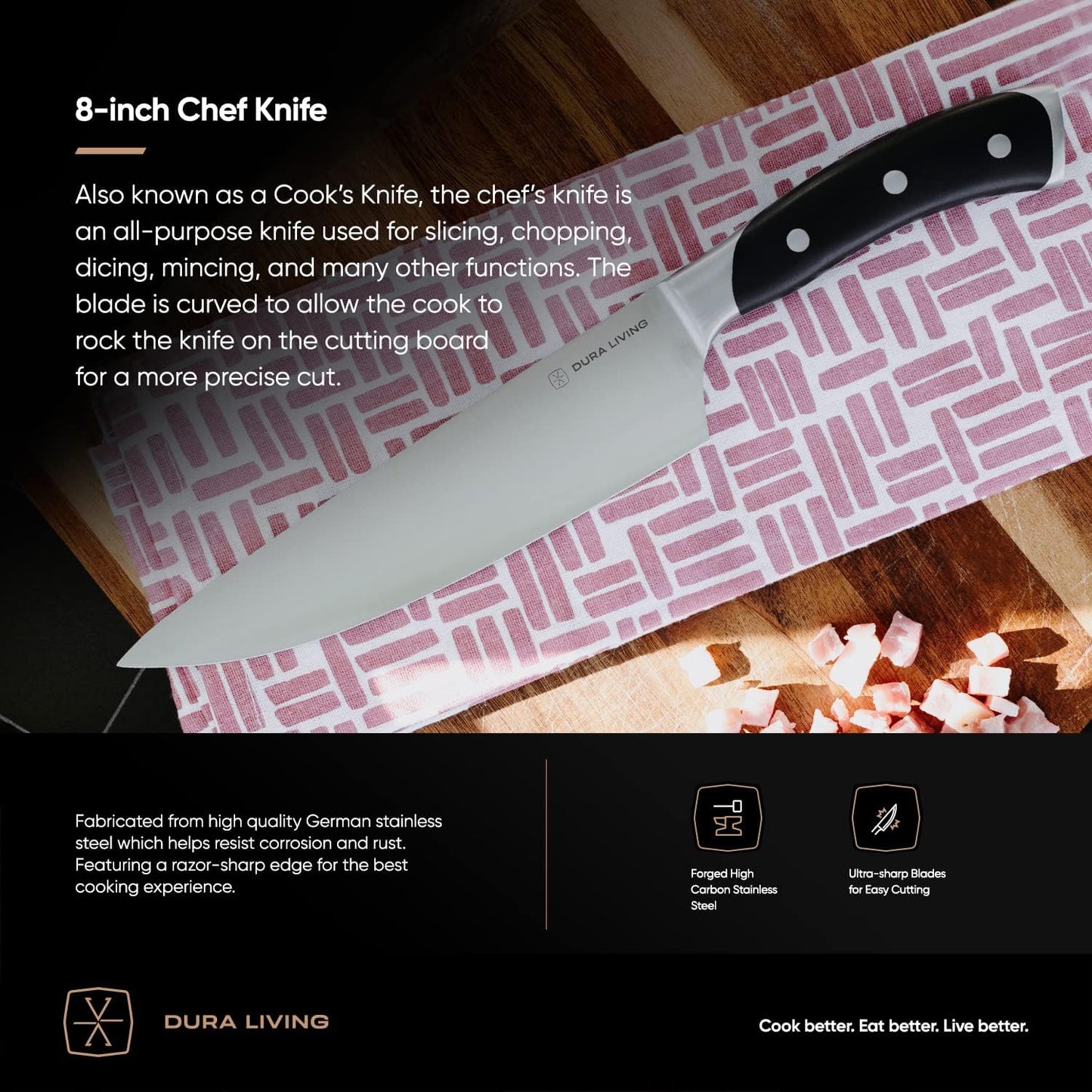 8-Inch Chef Knife – Ultra-Sharp German High Carbon Stainless Steel, Full Tang, Ergonomic Handle, Multipurpose Kitchen Knife for Chopping, Slicing, and Dicing, Black