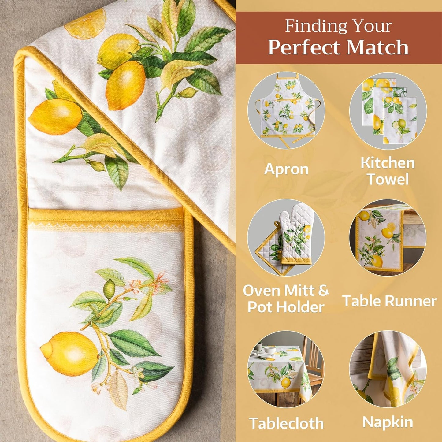 Maison d' Hermine Double Oven Mitts 100% Cotton 7"x35" Double Oven Mitt Heat Resistant BBQ Cooking Gloves with Loop, Baking, Grilling, Home, Kitchen, Handling Hot Pans Spring Summer (Limoncello)