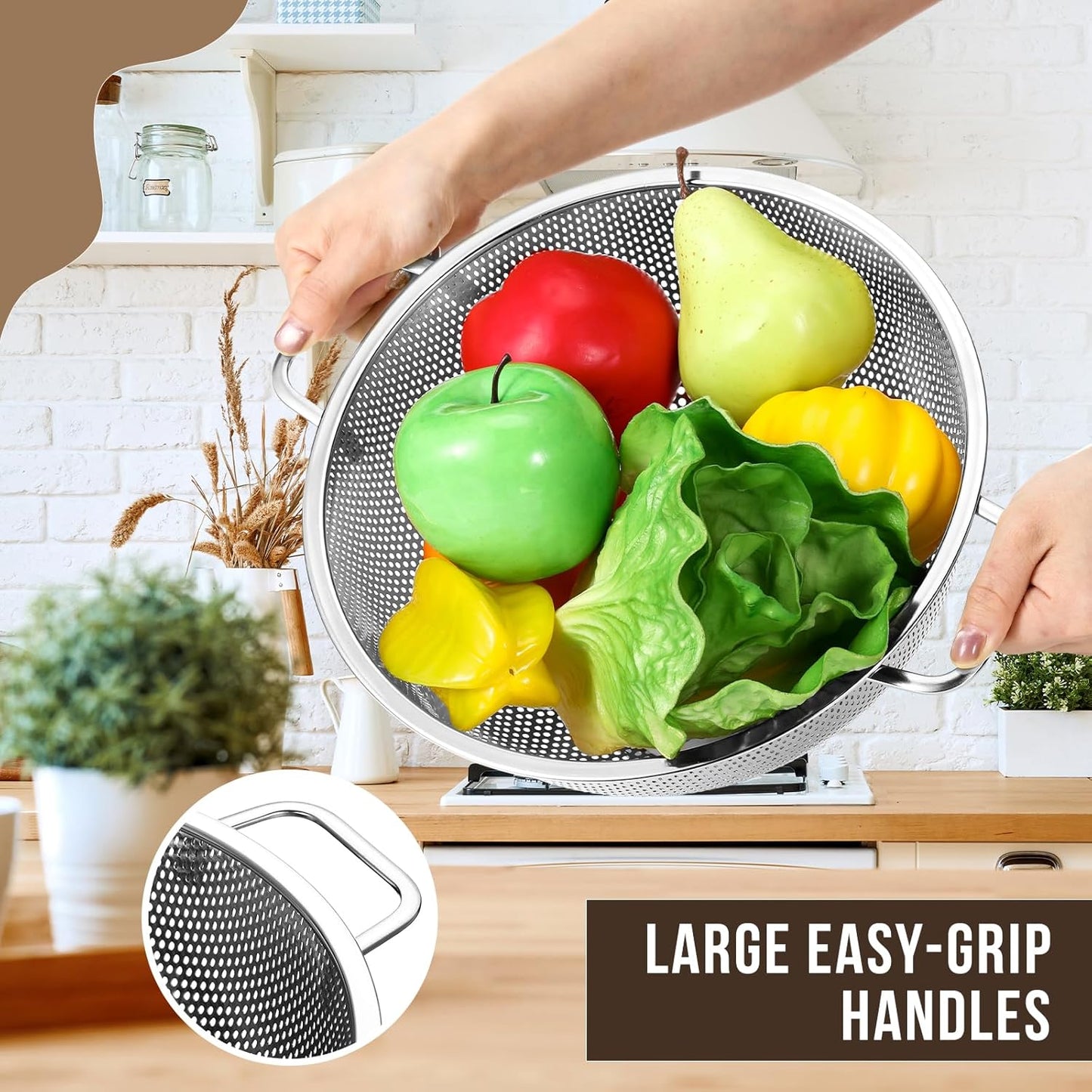 Norme 5 Quart Stainless Steel Silver Colander and 3 Pcs Silver Fine Mesh Strainer, Stainless Steel Pasta Rice Food Metal Strainer with Handles, Easy Clean and Dishwasher Safe