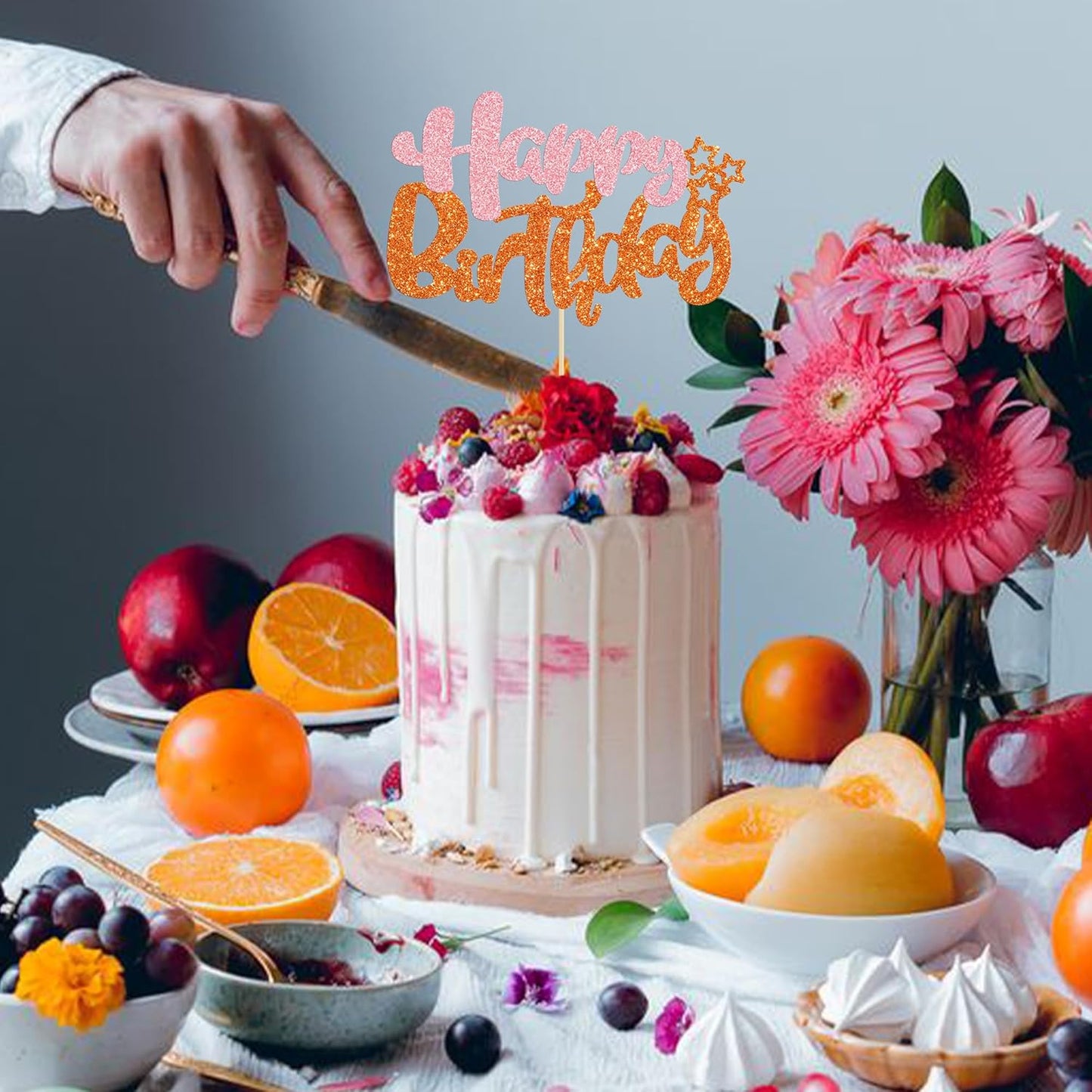 Ephlyn 1Pcs Happy Birthday Cake Topper Glitter Cake Pick for Celebrating Anniversary Party Cake Decorations Supplies Pink Orange