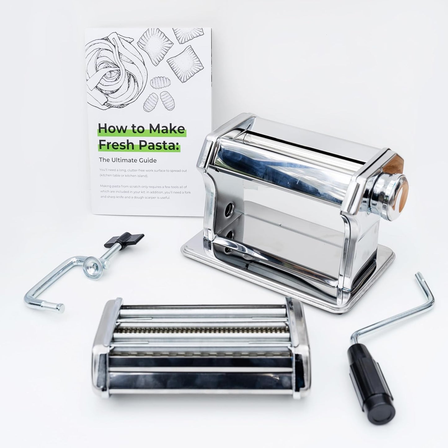 Cotswold Homeware Stainless Steel Pasta Making Machine with Adjustable Thickness Settings | Wooden Pasta Drying Rack | Pasta Cutter Scraper and Pasta Serving Tongs