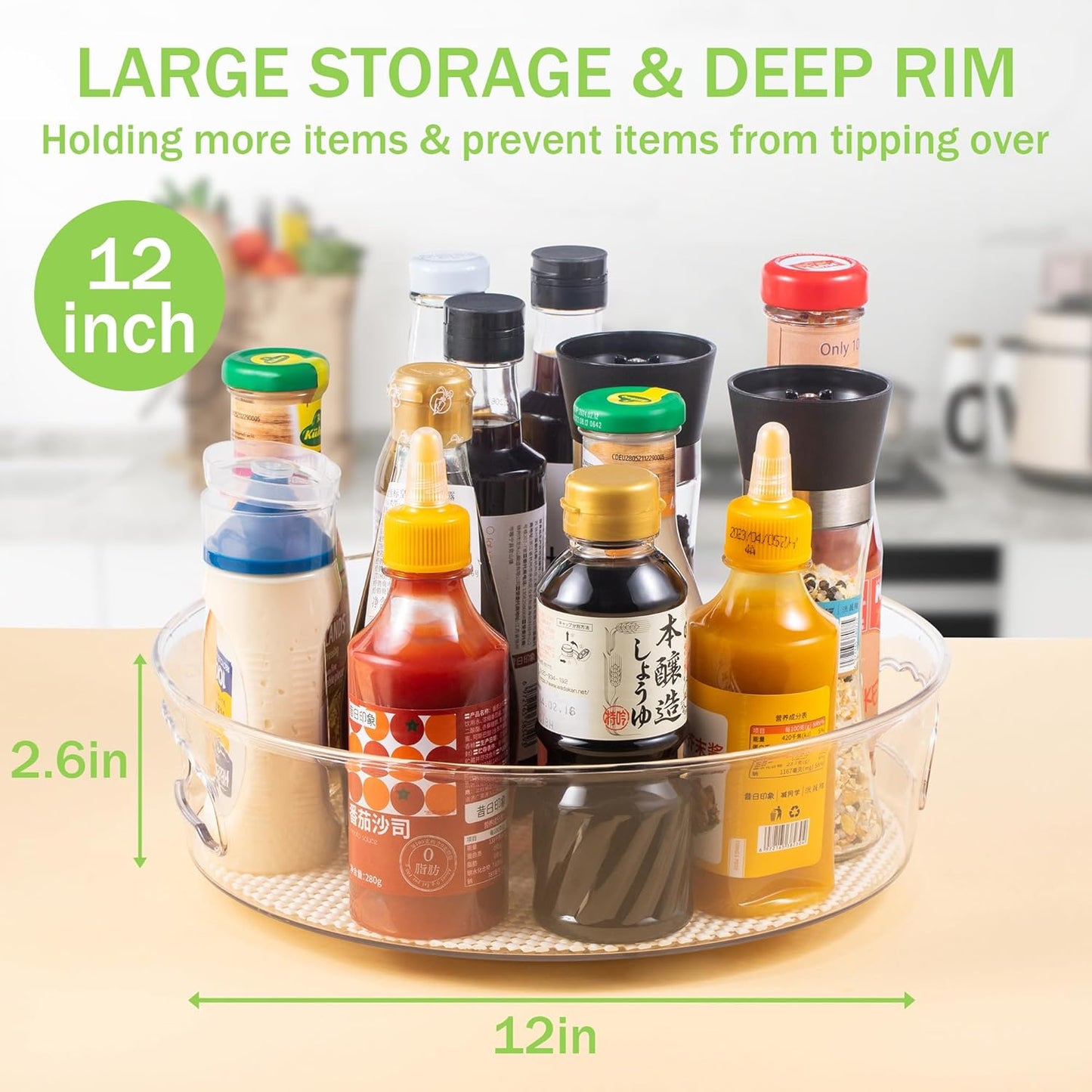 4 Pack Lazy Susan Organizer with Non-Skid Liners, 12-inch Spinning Turntable with Handle, Spice and Refrigerator Organizers, Pantry Organizers and Storage, Round