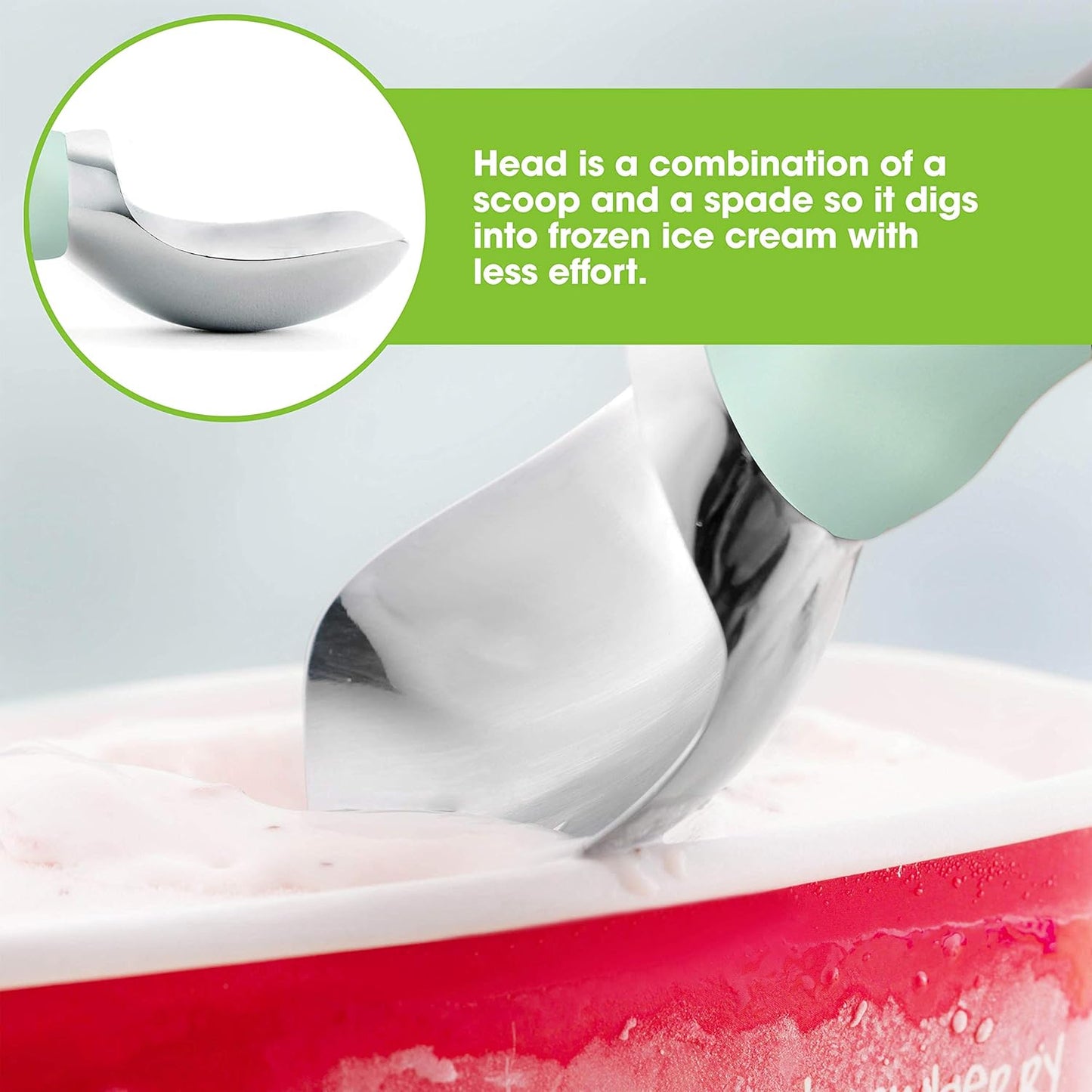 Spring Chef Stainless Steel Ice Cream Scoop - Dishwasher Safe Metal Ice Cream Scooper, Heavy Duty Kitchen Tool with Soft Grip Anti-Freeze Handle, Perfect for Frozen Yogurt, Sorbet, Sundae - Mint