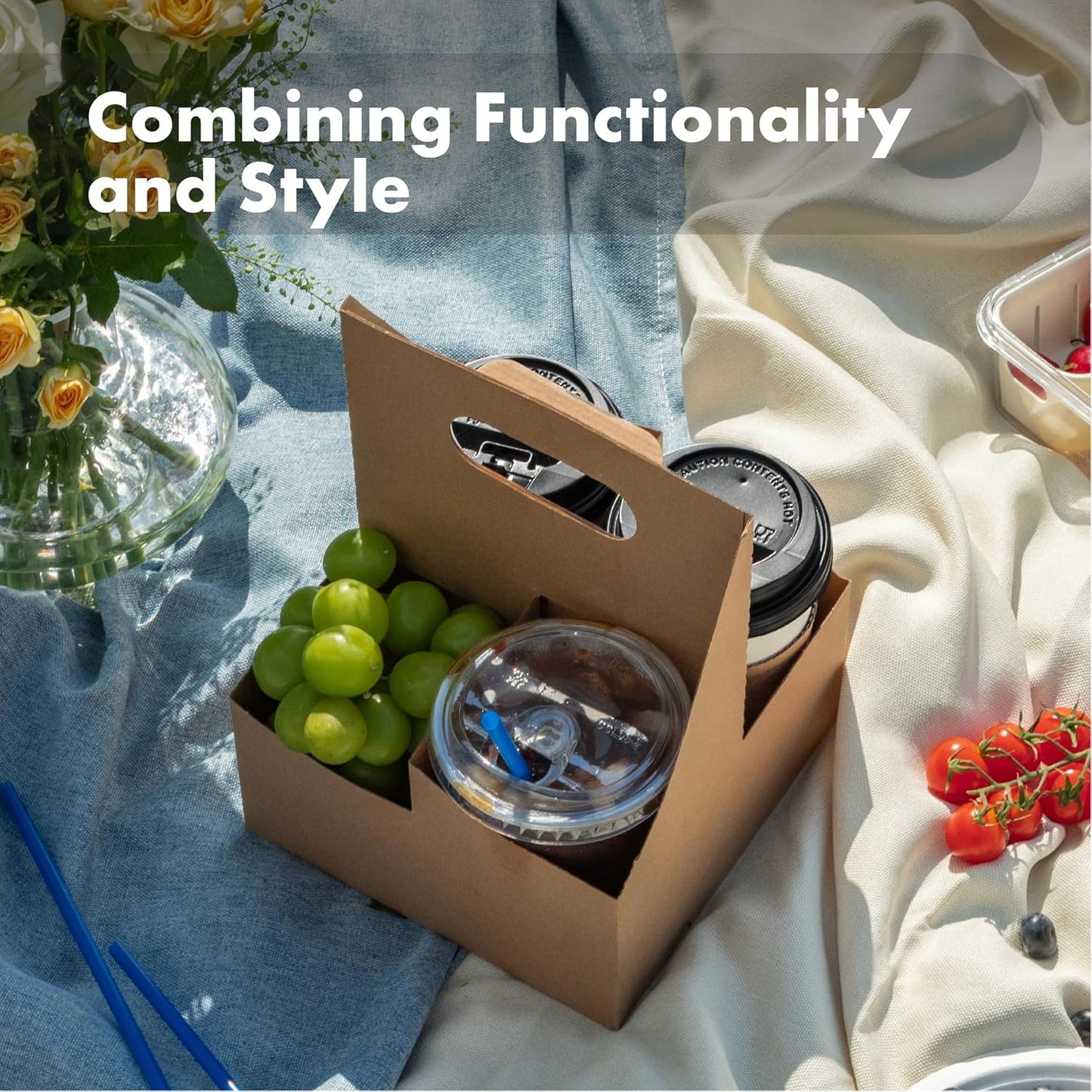 FMP Brands 4 Cup Disposable Drink Carrier with Handle, 200 Pack Kraft Paperboard Handled Cup Carrier, 12-30 oz to Go Coffee Cup Holder, Cold Hot Drinks, Takeout, Cafe and Restaurant