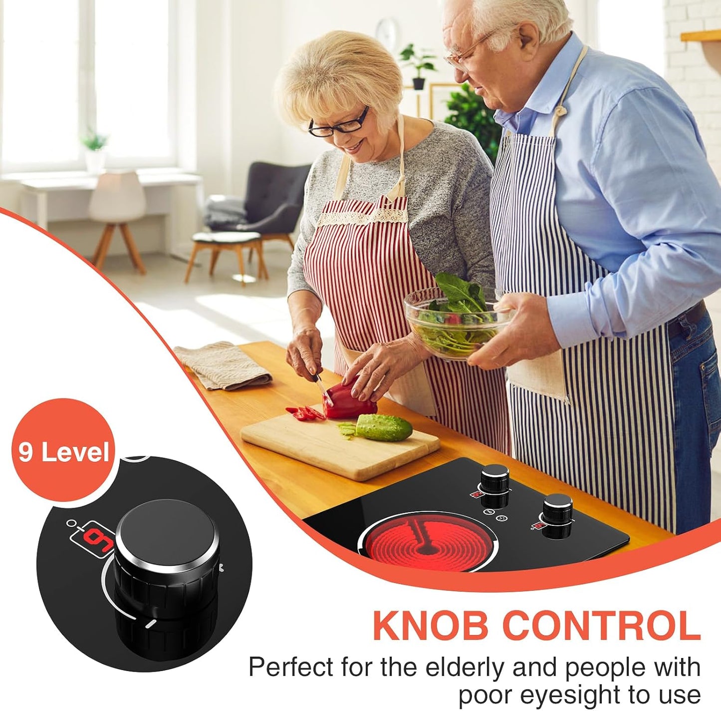 110v Electric Cooktop 2 Burners, 12'' Electric Stove Top with Plug in, GTKZW Knob Control Countertop & Built-in Ceramic Cooktop, 9 Power Levels, Child Lock, Timer, Over-Heat Protection