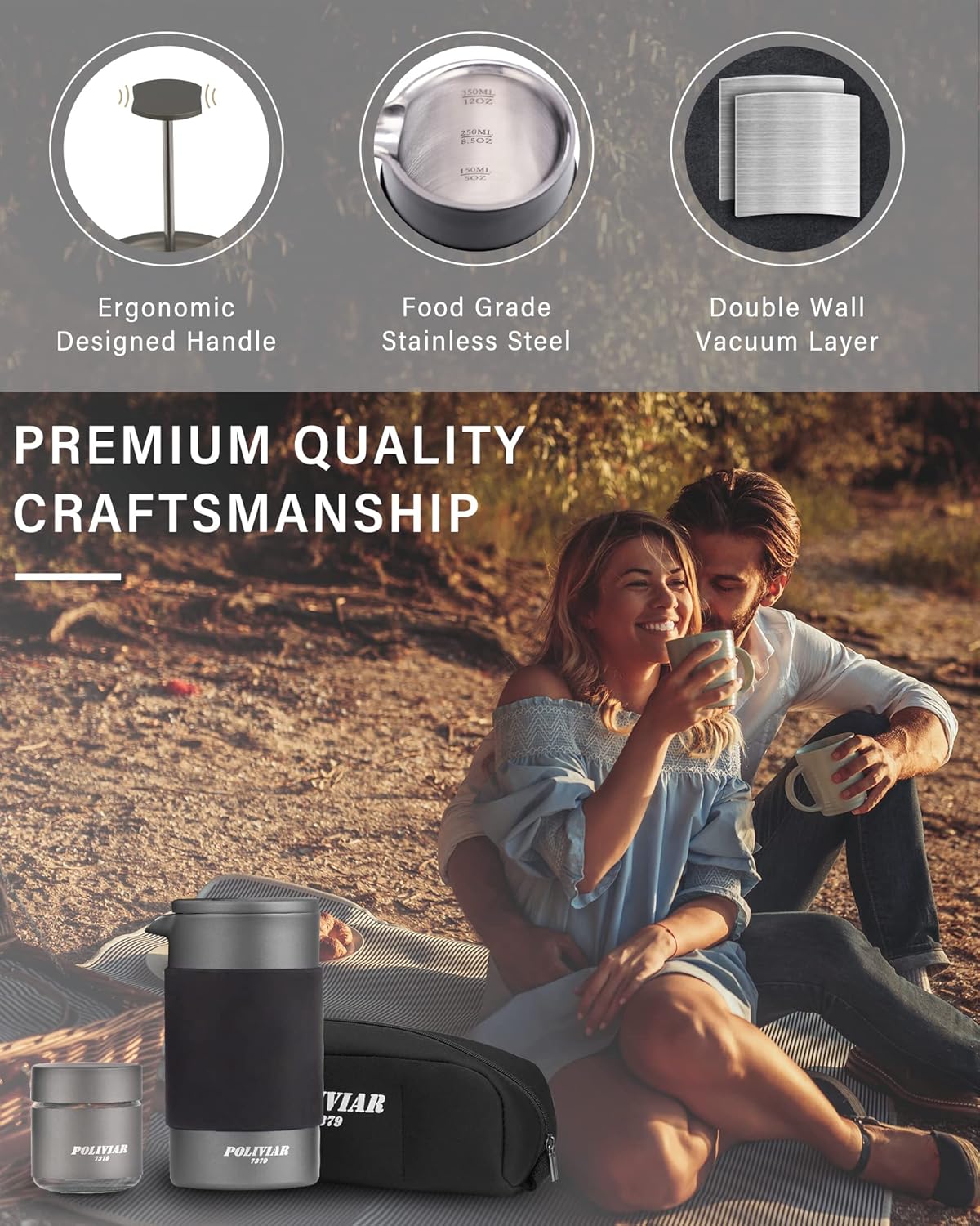 POLIVIAR French Press Coffee Maker, 12 oz Portable French Press with Mini Canister and Collection Bag, Double Wall Insulation & Dual- Filter Screen, Food Grade Stainless Steel for Coffee