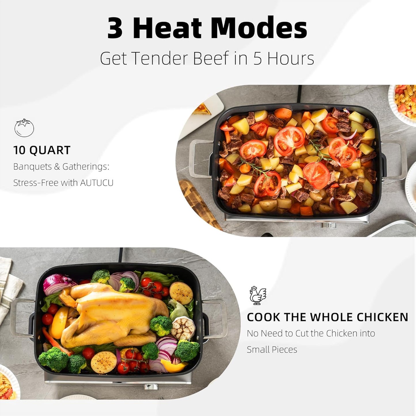 Slow Cooker 10-Quart - PFOA-Free Ceramic Coating, Oven Safe to 450°F | Keep Warm Function for Large Family Gatherings (Includes Silicone Spoon)