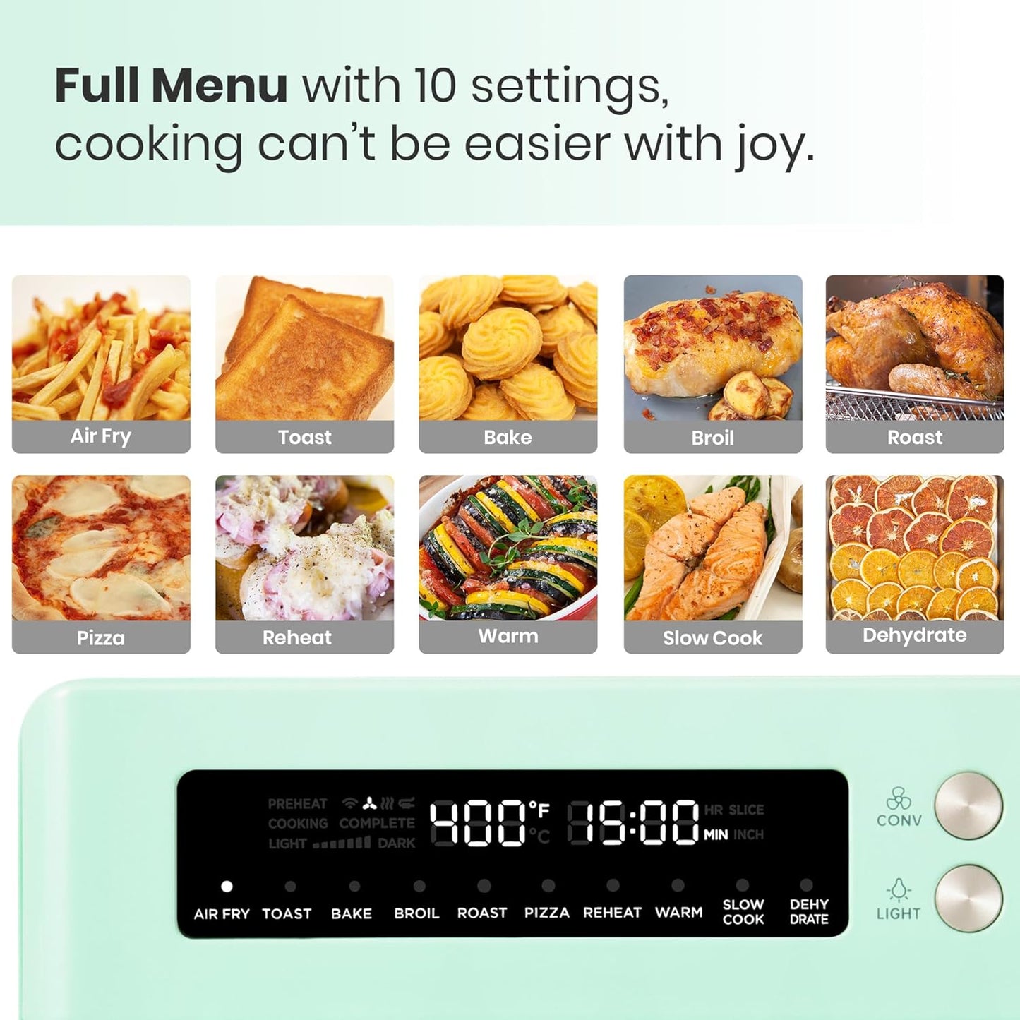 Retro Style Infrared Heating Air Fryer Toaster Oven, Extra Large Countertop Convection Oven 10-in-1 Combo, 6-Slice Toast, Enamel Baking Pan Easy Clean with Recipe Book, Green Color