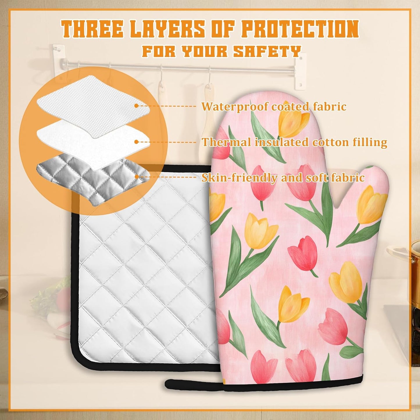 Pink Tulip Oven Mitts and Pot Holders Set,Spring Summer Kitchen Decor Heat Resistant Non Slip Hot Pads and Oven Mitt for Chef Cooking Baking BBQ Mom Girl Gifts(4 Piece Set)