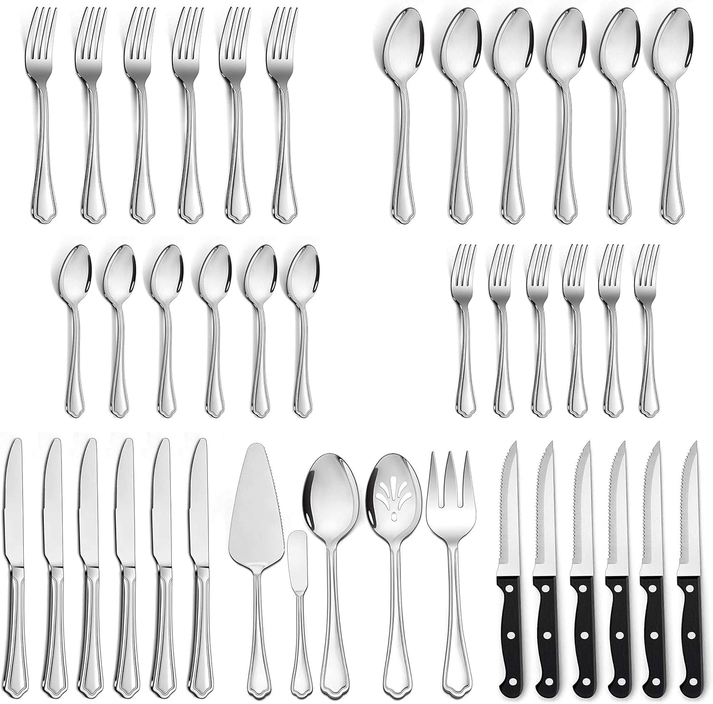 LIANYU 41-Piece Silverware Flatware Set for 6, Plus Steak Knives and Serving Utensils, Stainless Steel Flatware Cutlery Set, Eating Utensils Tableware with Scalloped Edge, Dishwasher Safe