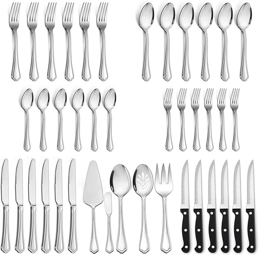 LIANYU 41-Piece Silverware Flatware Set for 6, Plus Steak Knives and Serving Utensils, Stainless Steel Flatware Cutlery Set, Eating Utensils Tableware with Scalloped Edge, Dishwasher Safe