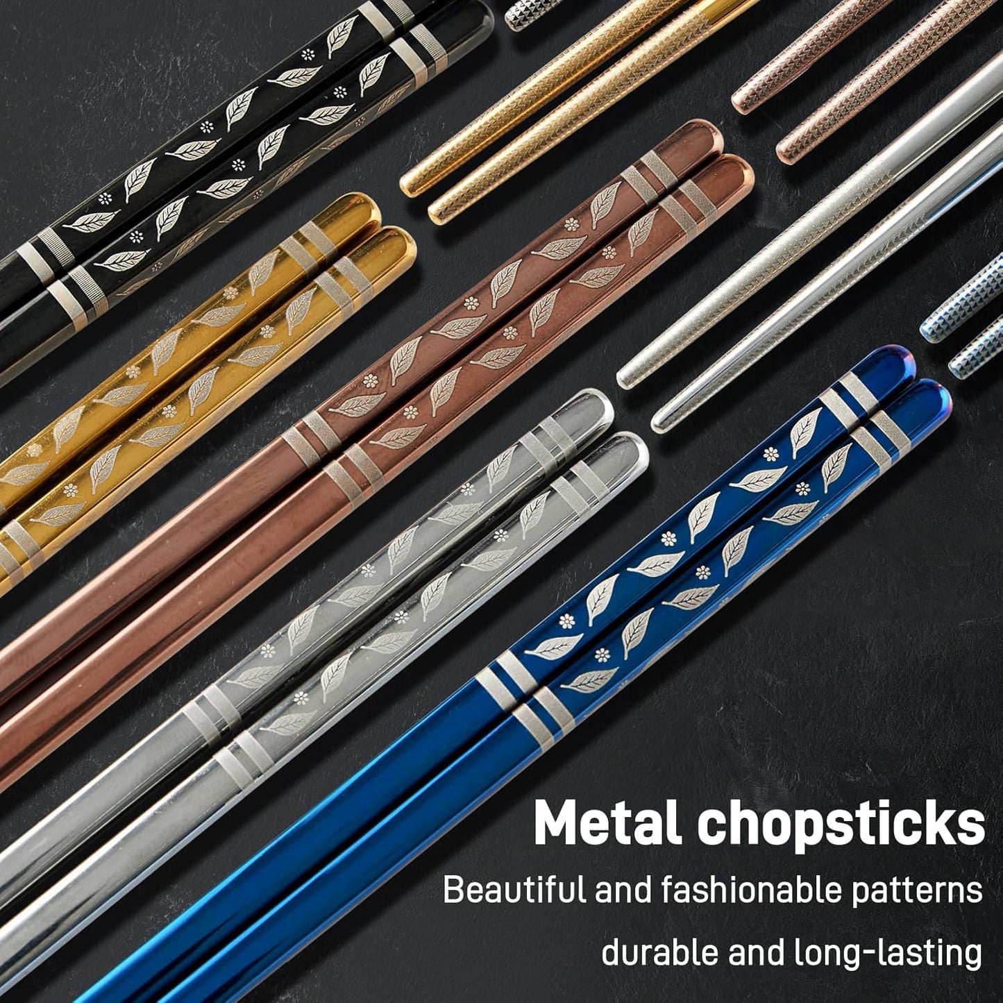 Metal Chopsticks Reusable 5 Pairs Stainless Steel Chopsticks Japanese Chinese Korean Metal Chop Sticks Dishwasher Safe Non Slip Cute Laser Engraved 9.25 Inch for Cooking Eating Gift Set