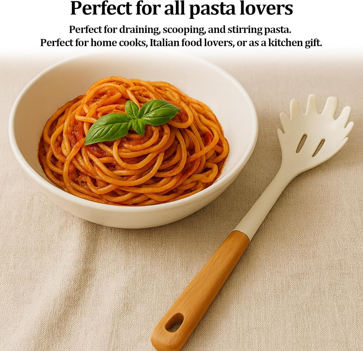 Silicone Pasta Spoon with Teeth Silicone Pasta Fork Wooden Handle Pasta Server & Spaghetti Scoop for Home Chefs, Pasta Enthusiasts