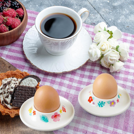 Cinf Ceramic Egg Holder Hawaii Flower Set of 2 Porcelain Holder Breakfast Boiled Cooking Easy to Clean Childhood Memories Kitchen