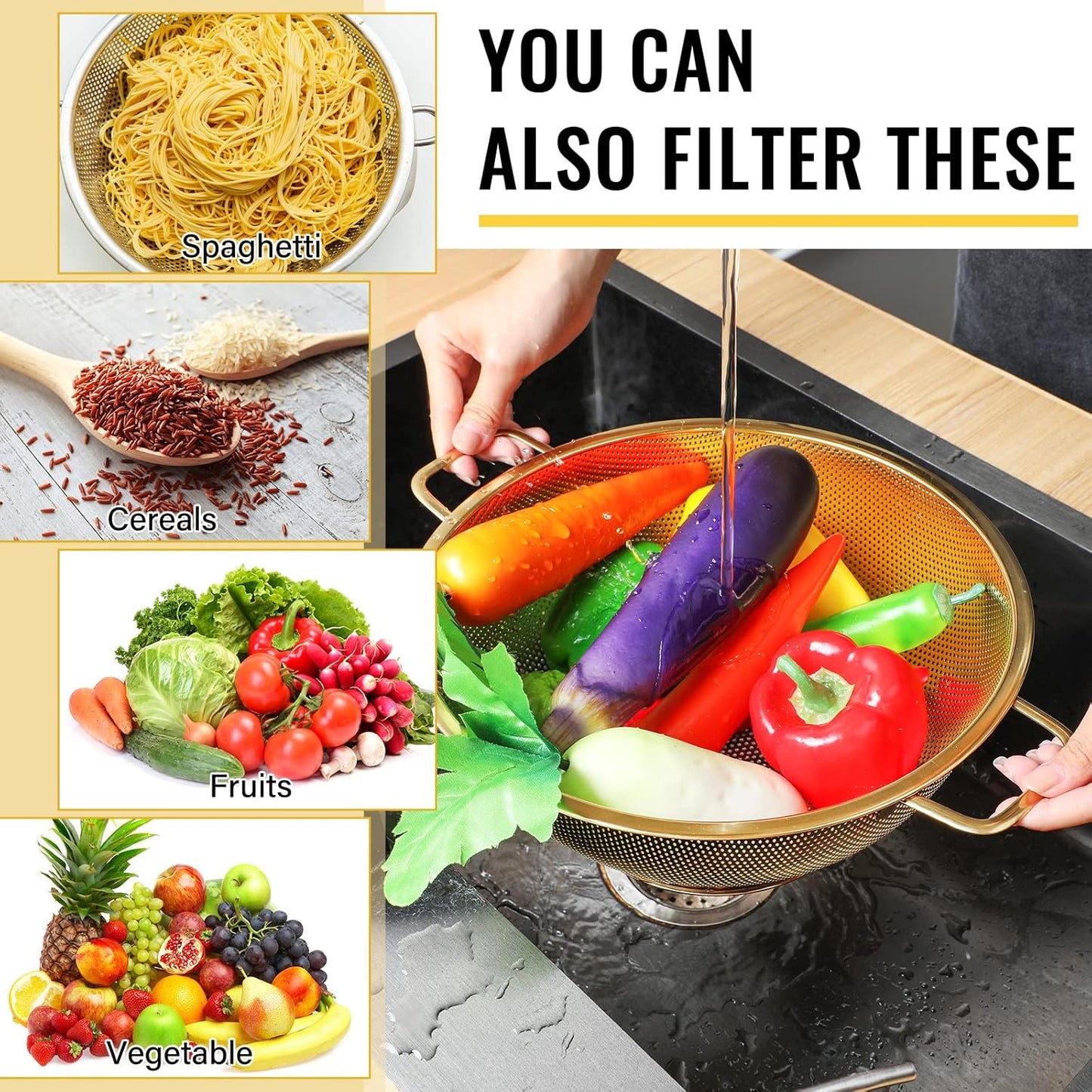 Norme 5 Quart Stainless Steel Gold Colander and 3 Pcs Gold Fine Mesh Strainer, Stainless Steel Pasta Rice Food Metal Strainer with Handles, Easy Clean and Dishwasher Safe