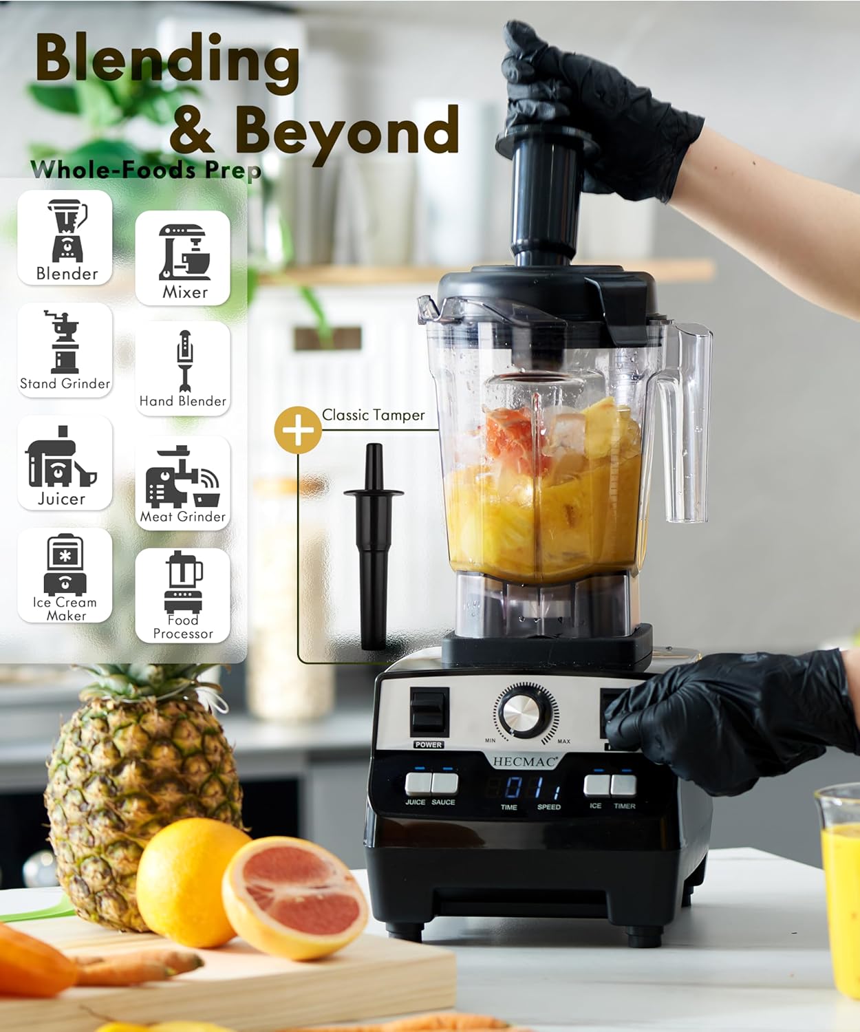 HECMAC 3-Peak HP Blender - 2200W Max/1400W Rated, 68oz BPA-Free Pitcher, 3 Programs, Self-Clean, Tamper - Smoothies, Ice Crush, Frozen Drinks, Food Prep - Home & Commercial, 110V