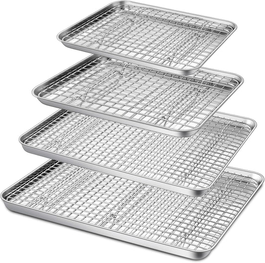 P&P CHEF 16 + 12.5 + 10.4 + 9 Inch Baking Sheet and Rack Set, Stainless Steel Cookie Sheets Oven Baking Pans Trays with Cooling Racks for Cooking & Roasting, Oven & Dishwasher Safe, (8Pcs)